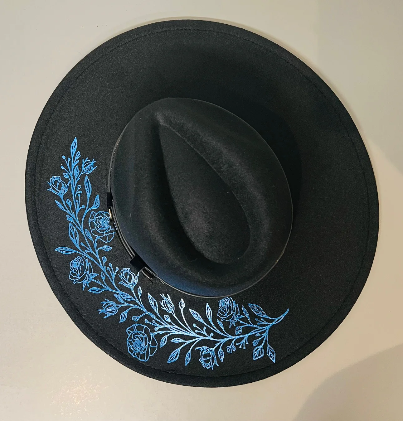 Vegan Wide Brim Hat - XL Brim - Blue Small Foiled Roses - Ready to Ship